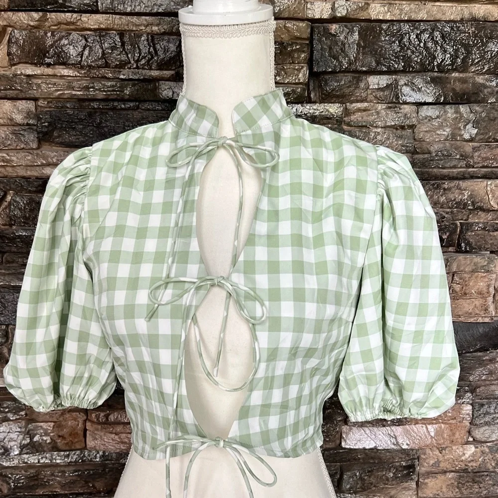 Nasty Gal Light Green Checkered Blouse - Picture 2 of 8